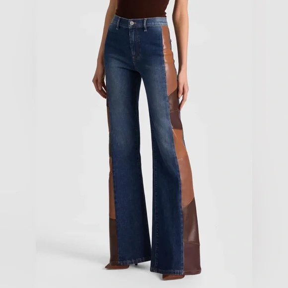 Alice + Olivia Faux Leather Patchwork High Rise Blue Flare Jeans - Picture 1 of 9